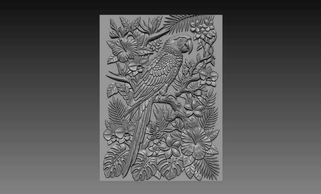 Parrot Tropical Flowers 3D Relief STL File, Exotic CNC Carving Digital Download