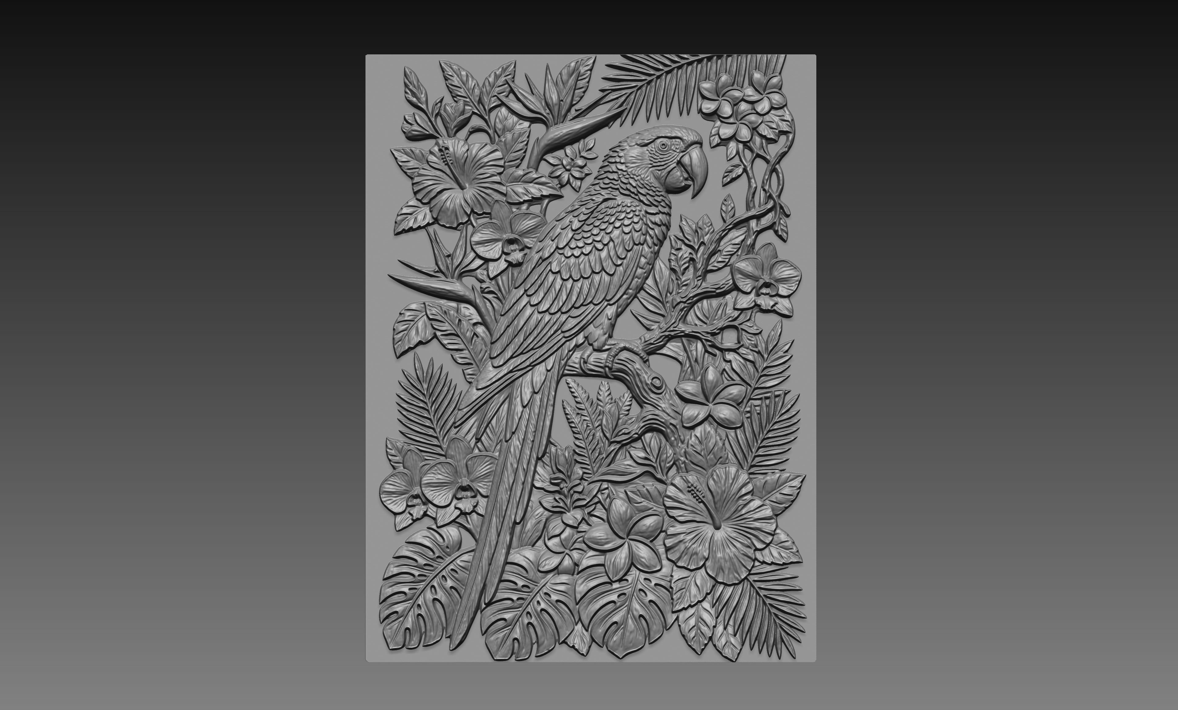 Parrot Tropical Flowers 3D Relief STL File, Exotic CNC Carving Digital Download