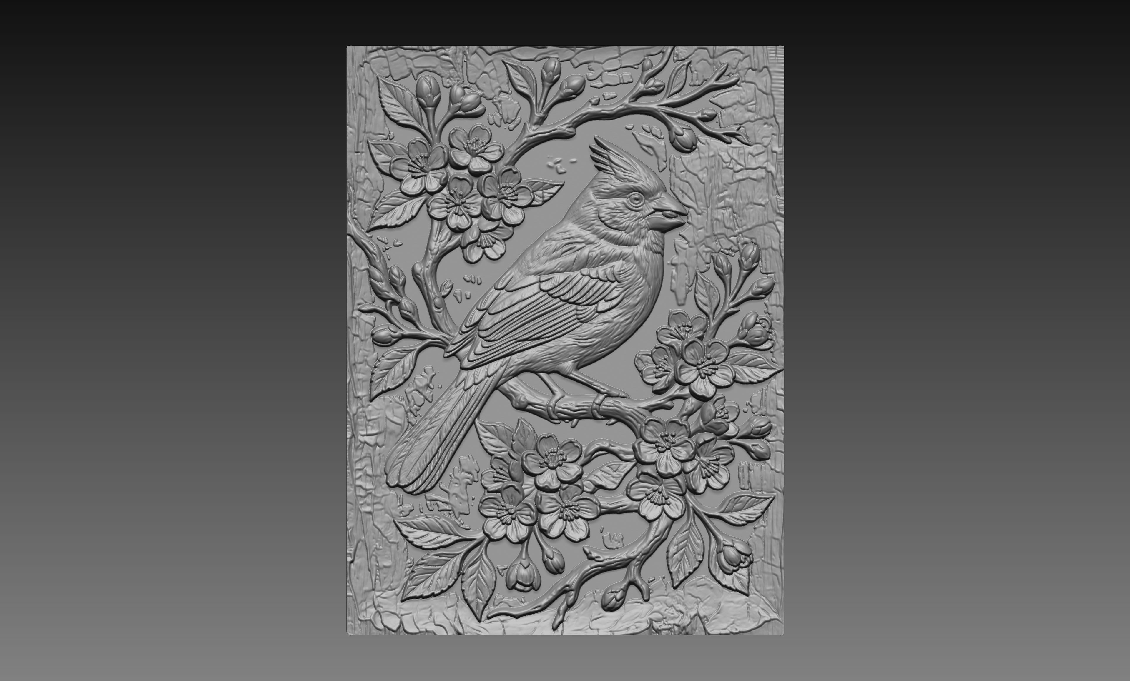 Cardinal Cherry Blossom 3D Relief STL File, Bird CNC Carving Digital Download