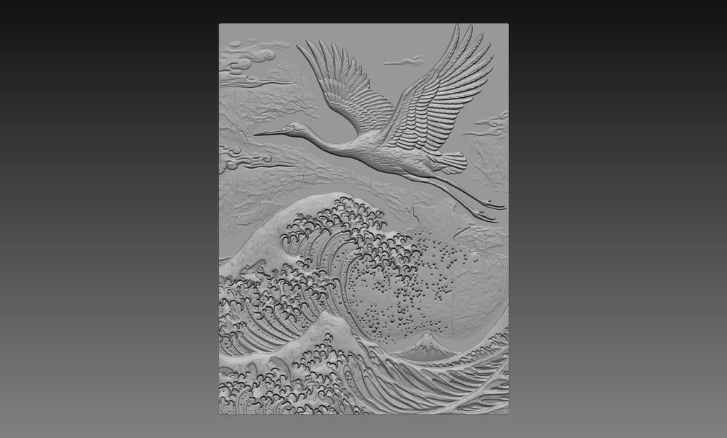 Japanese Great Wave Crane 3D Relief STL File, Asian CNC Carving Digital Download