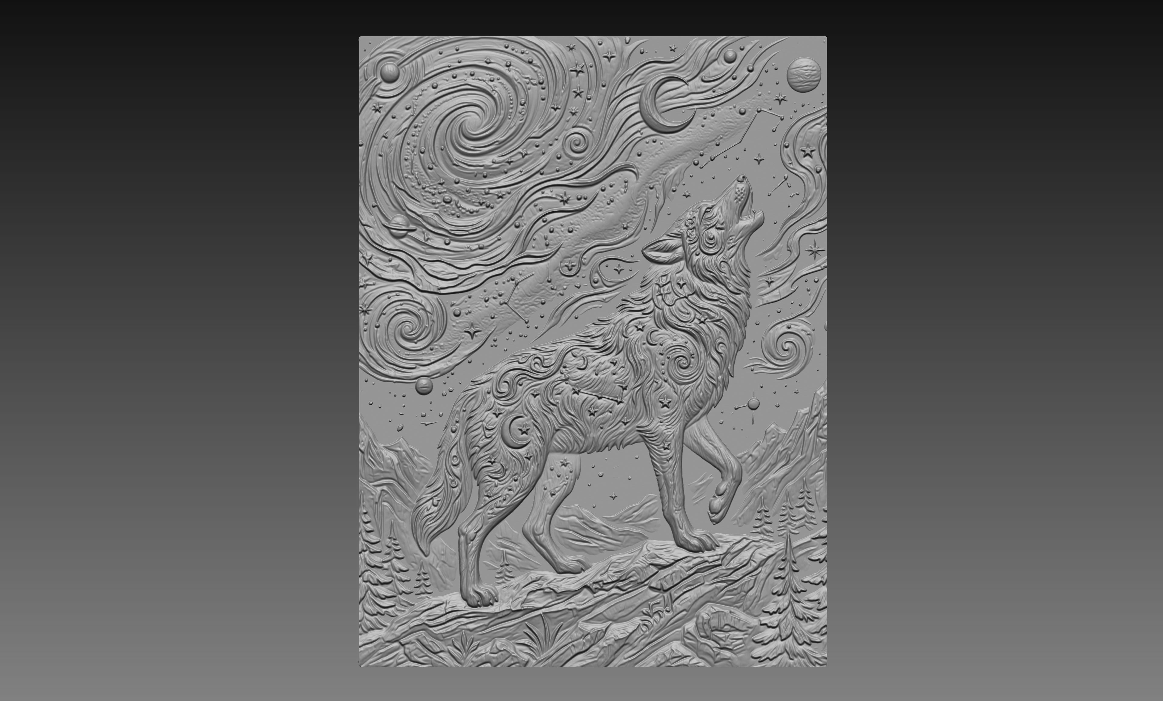 Celestial Wolf Moon Stars 3D Relief STL File, Fantasy CNC Carving Digital Download