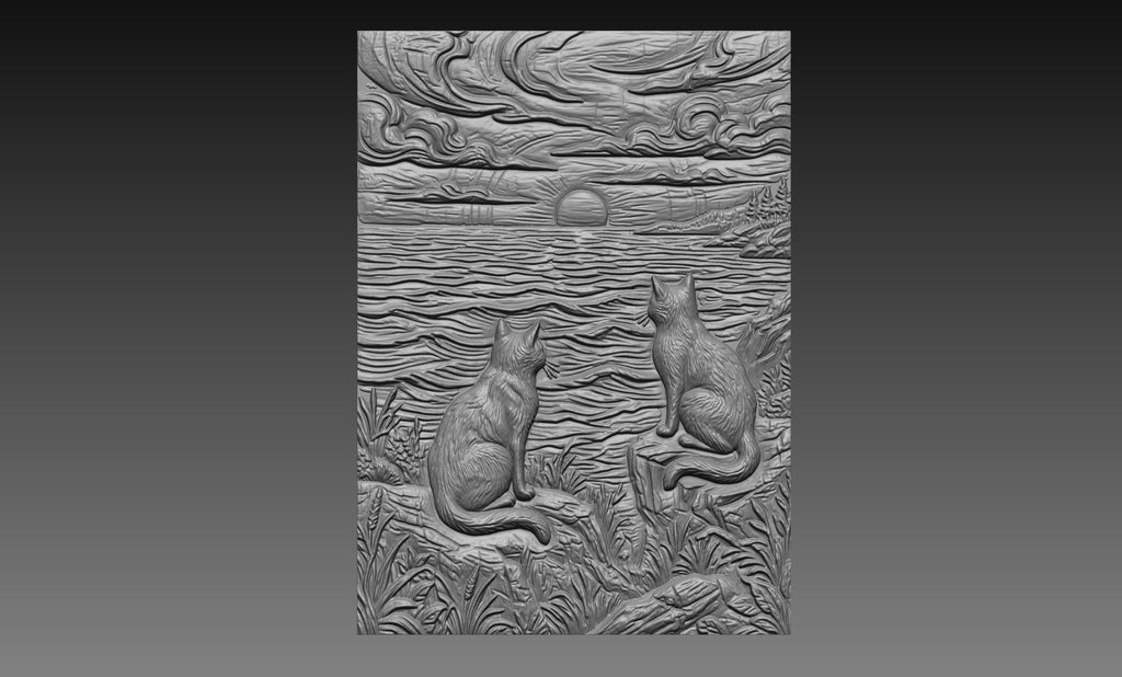Two Cats Ocean Sunset 3D Relief STL File, Coastal CNC Carving Digital Download