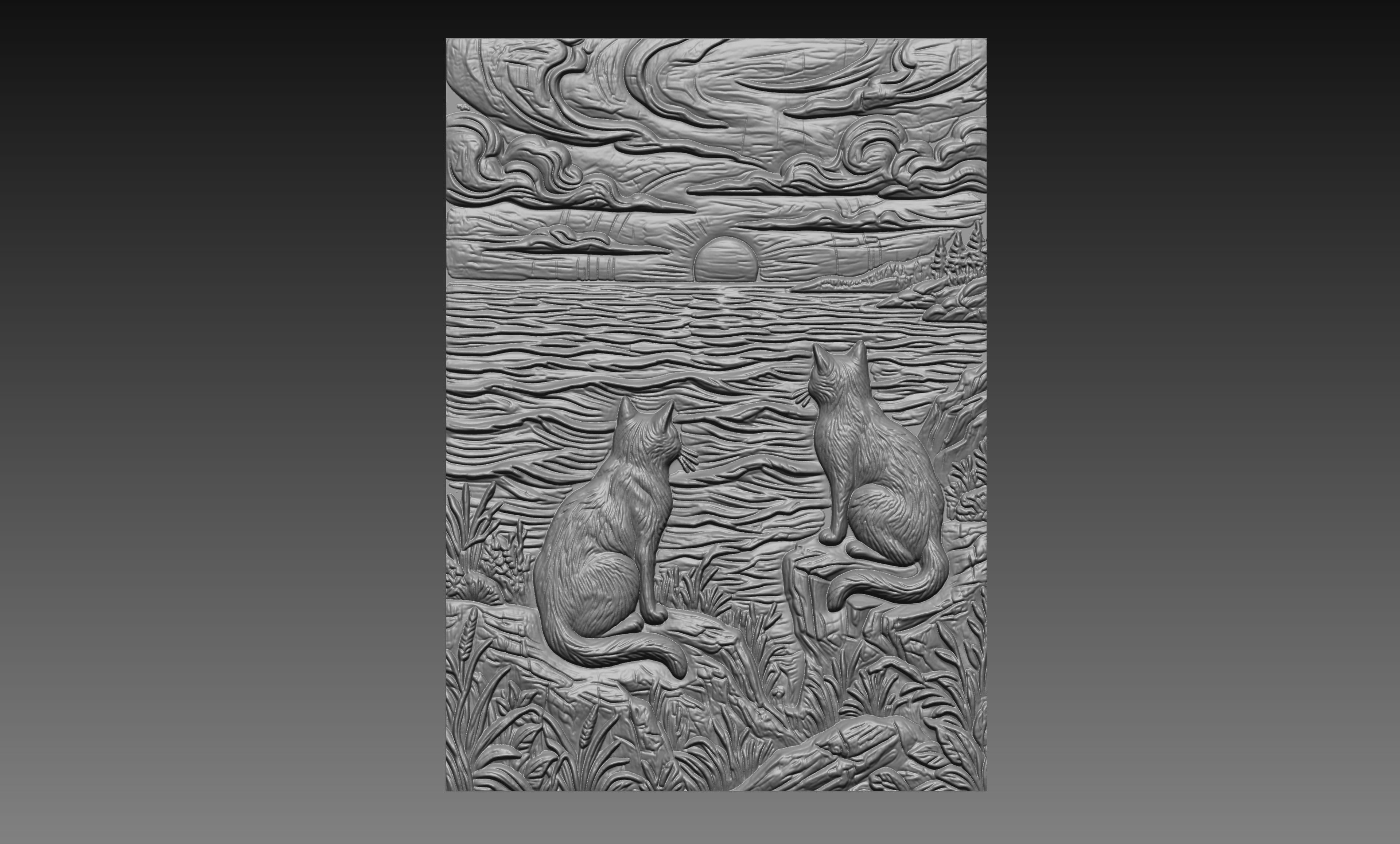 Two Cats Ocean Sunset 3D Relief STL File, Coastal CNC Carving Digital Download