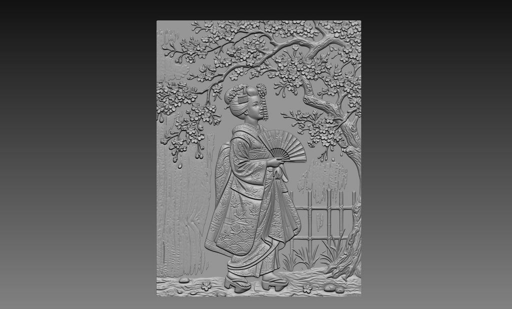 Japanese Geisha Cherry Blossom 3D Relief STL File, Asian CNC Carving Digital Download