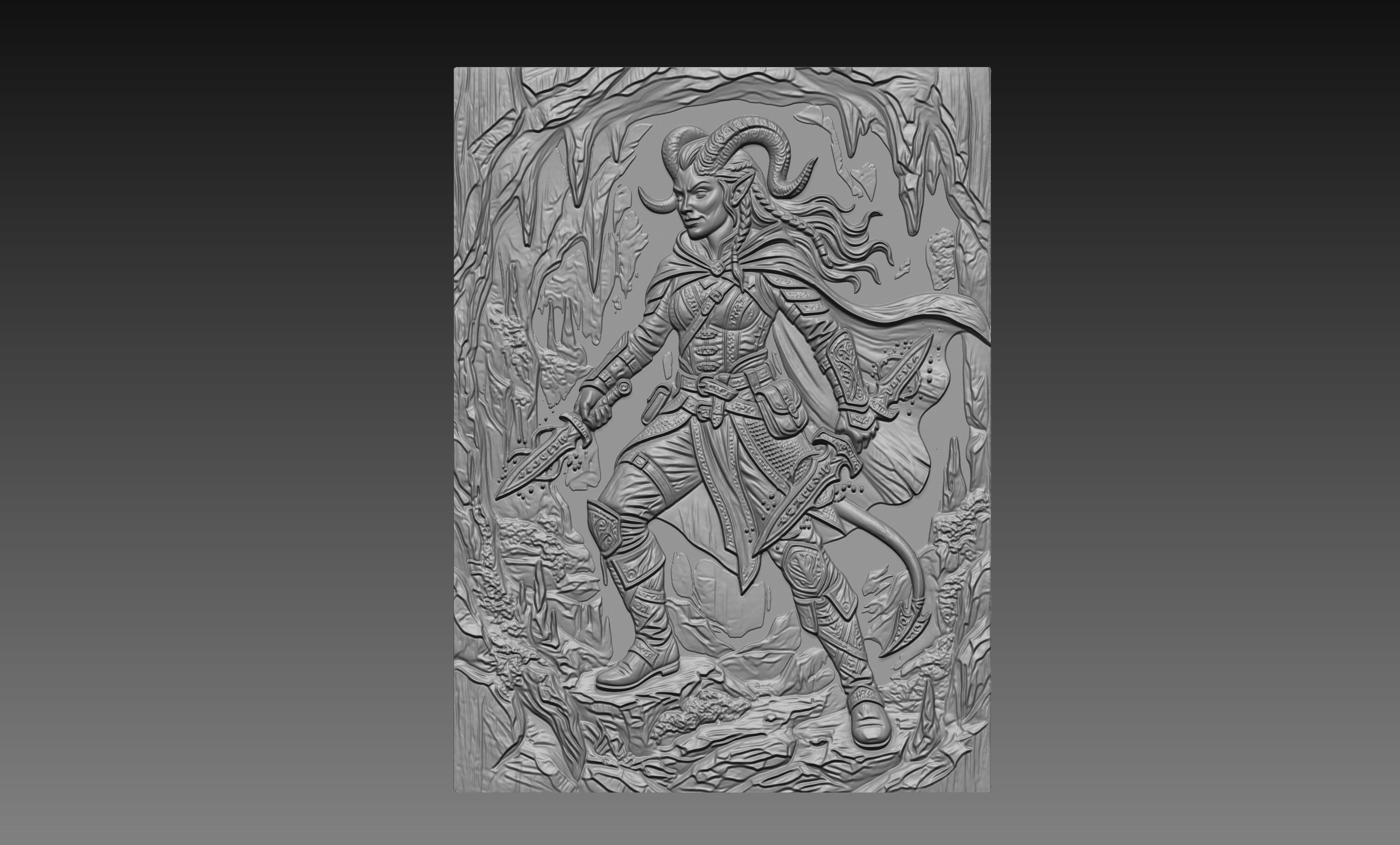 Tiefling Rogue Assassin 3D Relief STL File, DND Fantasy CNC Carving Digital Download