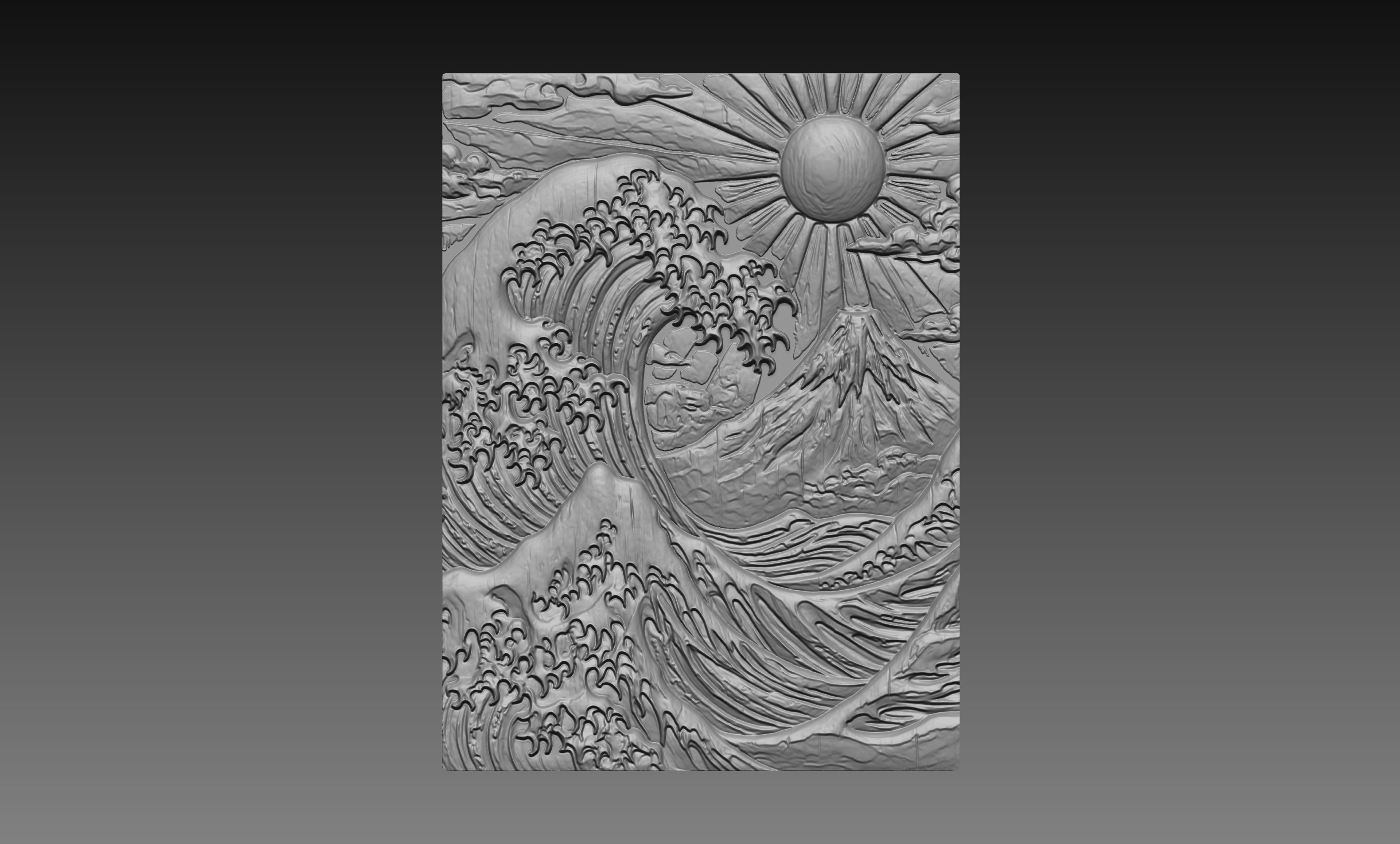 Japanese Great Wave Mount Fuji 3D Relief STL File, Asian Rising Sun CNC Carving Digital Download
