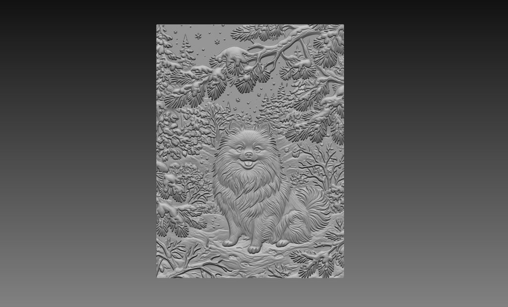 Pomeranian Winter Woodland 3D Relief STL File, Dog CNC Carving Digital Download