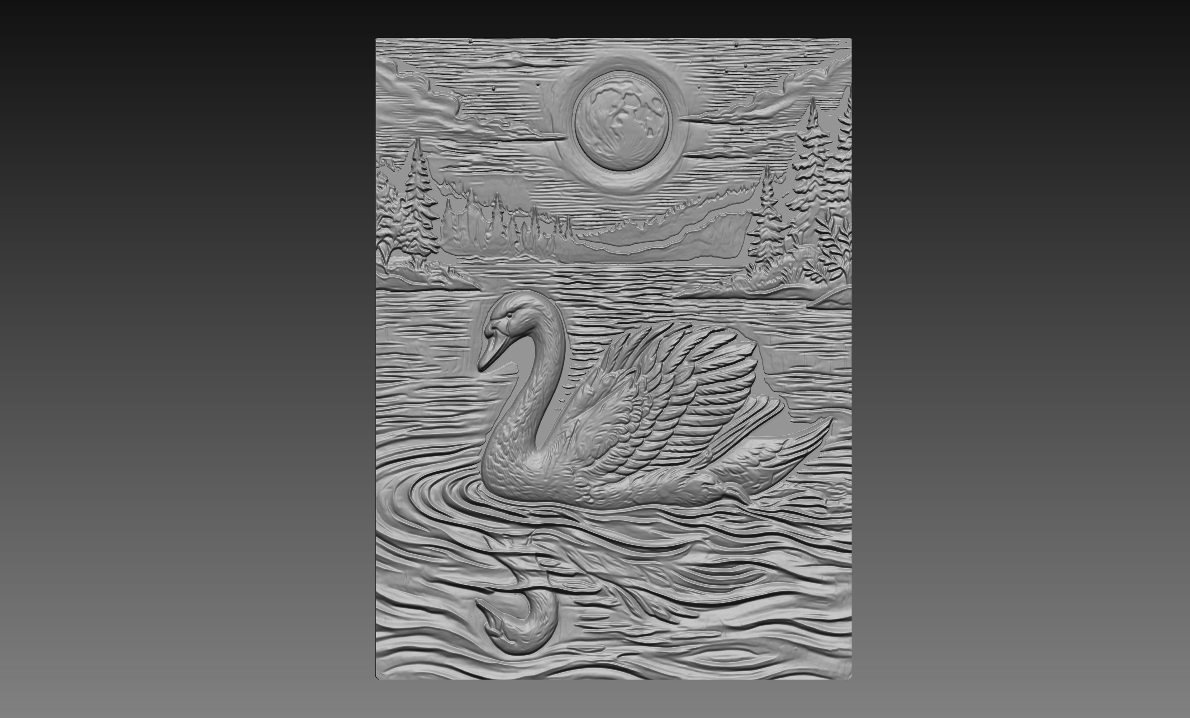 Swan Full Moon Lake 3D Relief STL File, Wildlife CNC Carving Digital Download