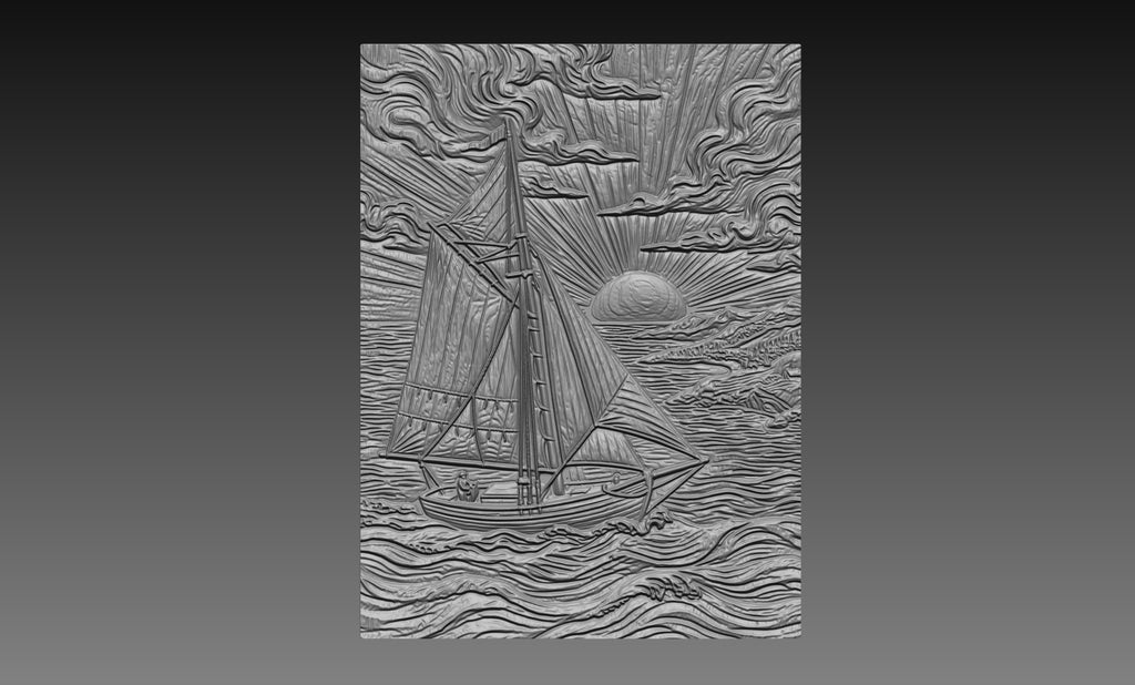 Sailboat Ocean Sunset 3D Relief STL File, Nautical CNC Carving Digital Download