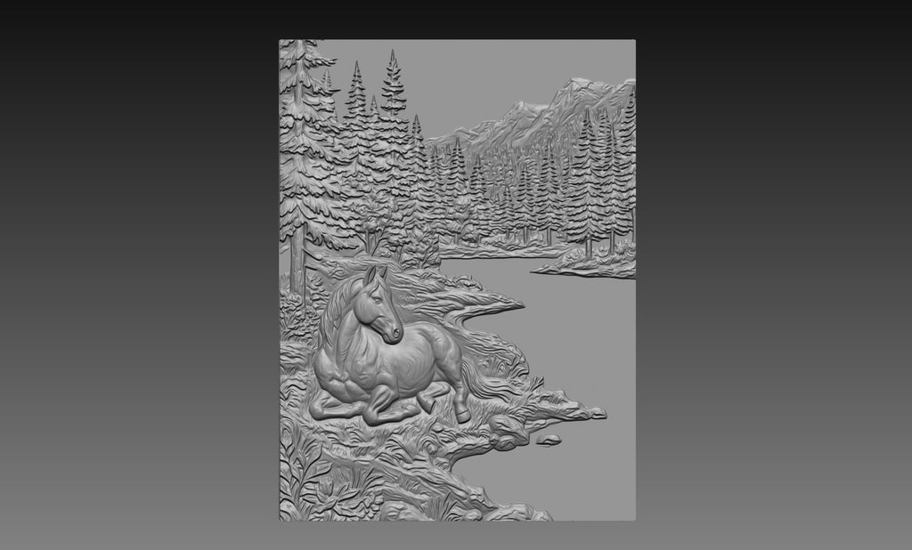 Wild Horse Woodland River 3D Relief STL File, Nature CNC Carving Digital Download