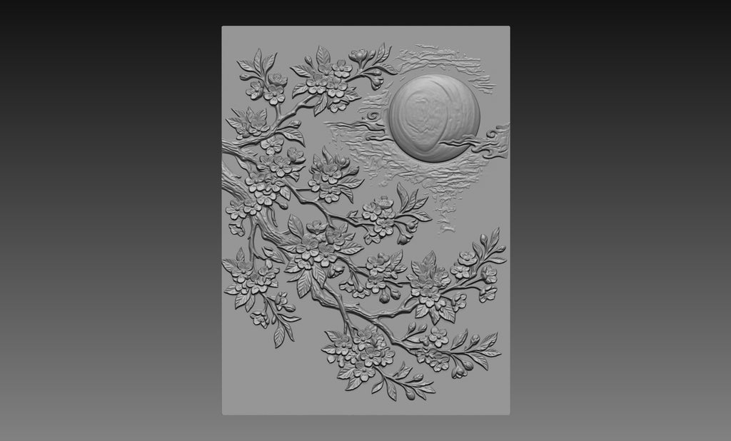 Sakura Full Moon 3D Relief STL File, Japanese CNC Carving Digital Download