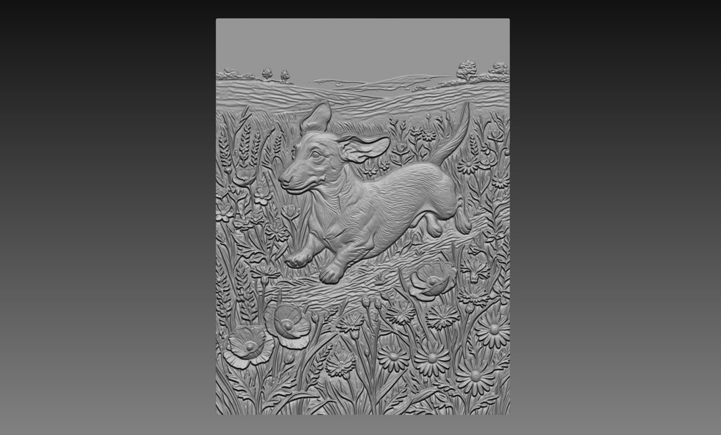 Dachshund Wildflower Meadow 3D Relief STL File, Dog CNC Carving Digital Download