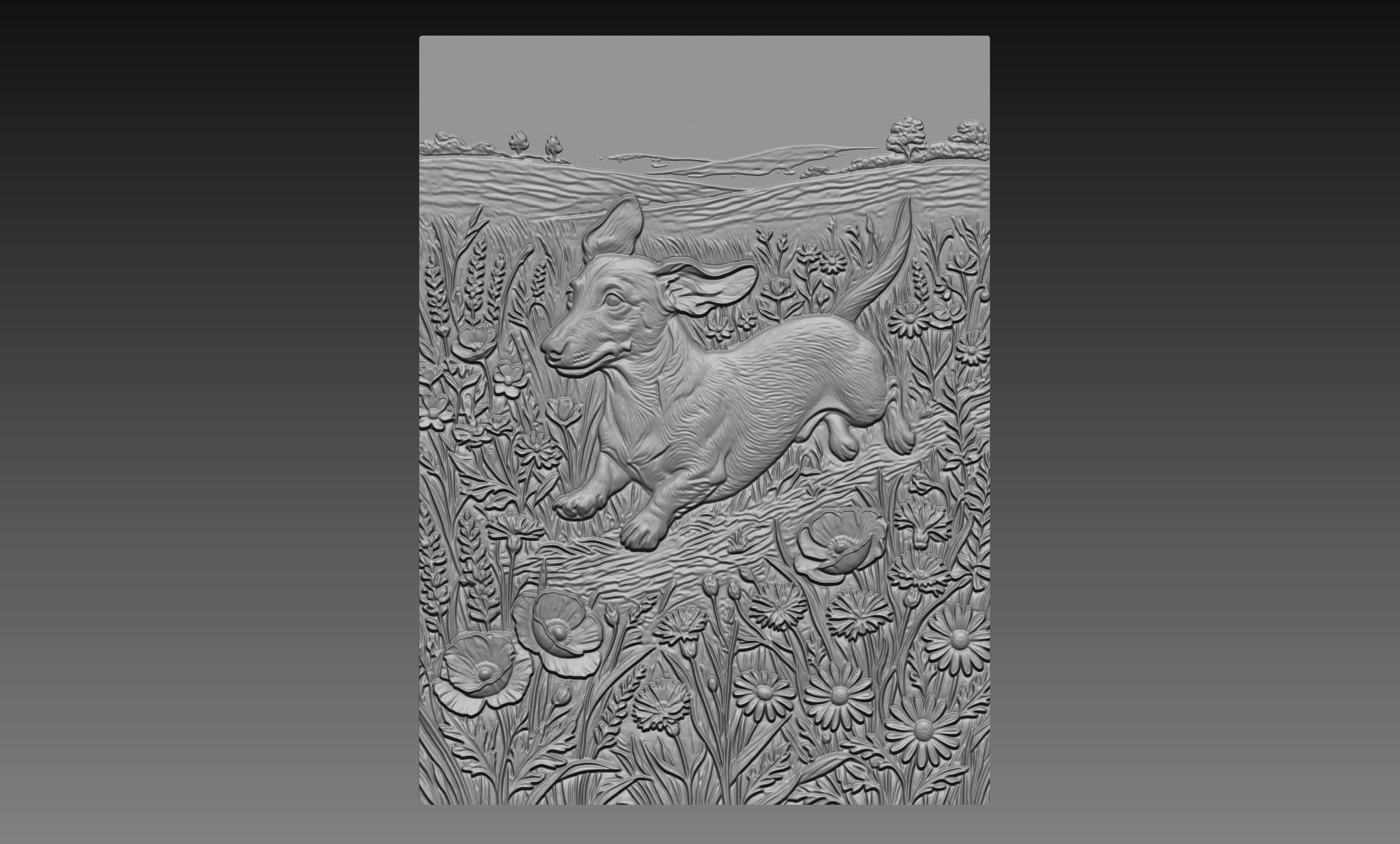 Dachshund Wildflower Meadow 3D Relief STL File, Dog CNC Carving Digital Download