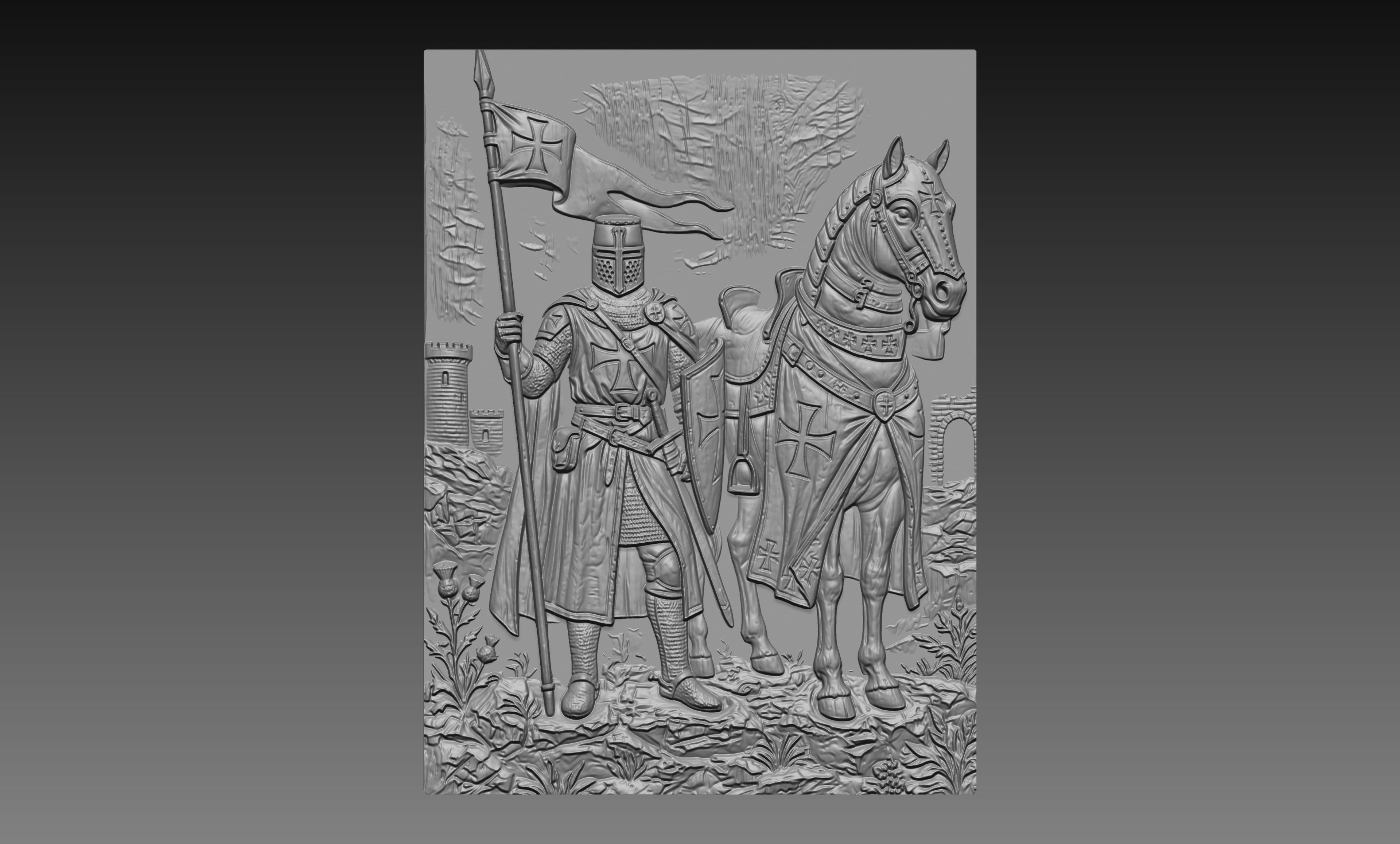 Crusader Knight Horse 3D Relief STL File, Holy Warrior Medieval Christian CNC Carving Digital Download
