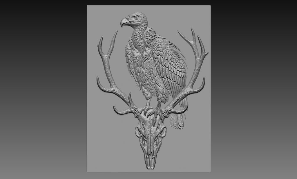 Vulture Deer Skull 3D Relief STL File, Bird of prey Wildlife CNC Carving Digital Download