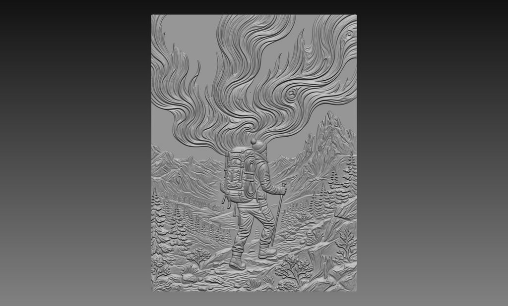 Winter Mountain Hiker Northern Lights 3D Relief STL File, Outdoor CNC Carving Digital Download