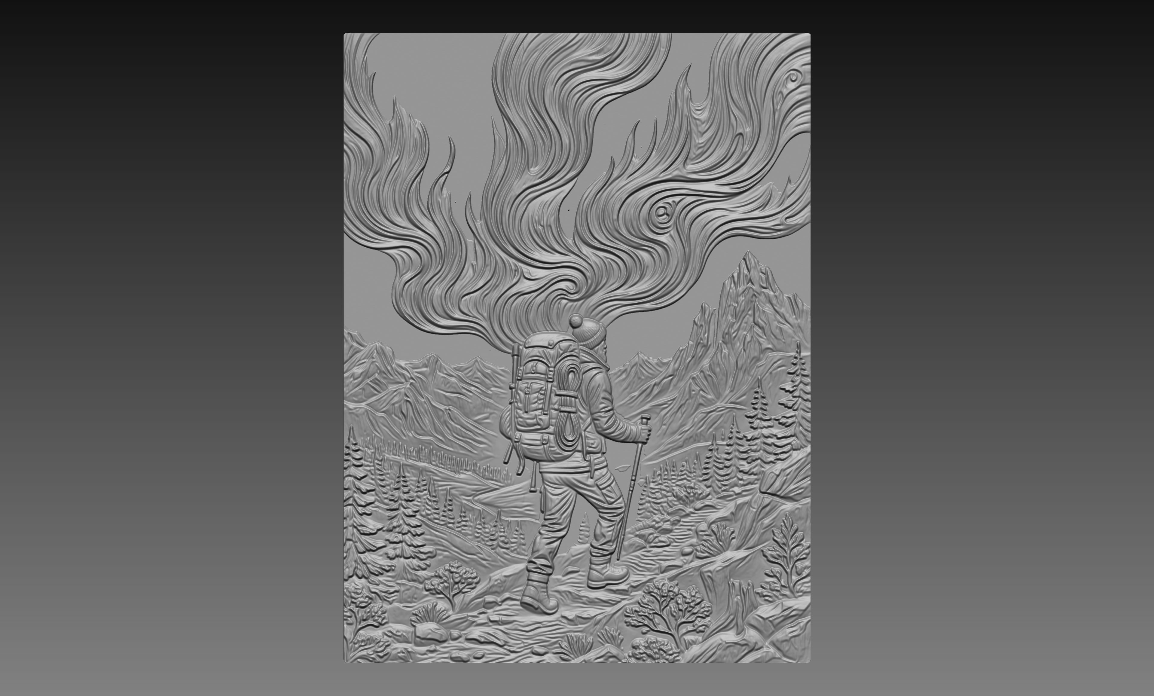 Winter Mountain Hiker Northern Lights 3D Relief STL File, Outdoor CNC Carving Digital Download
