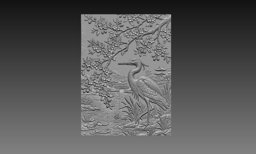 Japanese Crane Sakura 3D Relief STL File, Bird CNC Carving Digital Download