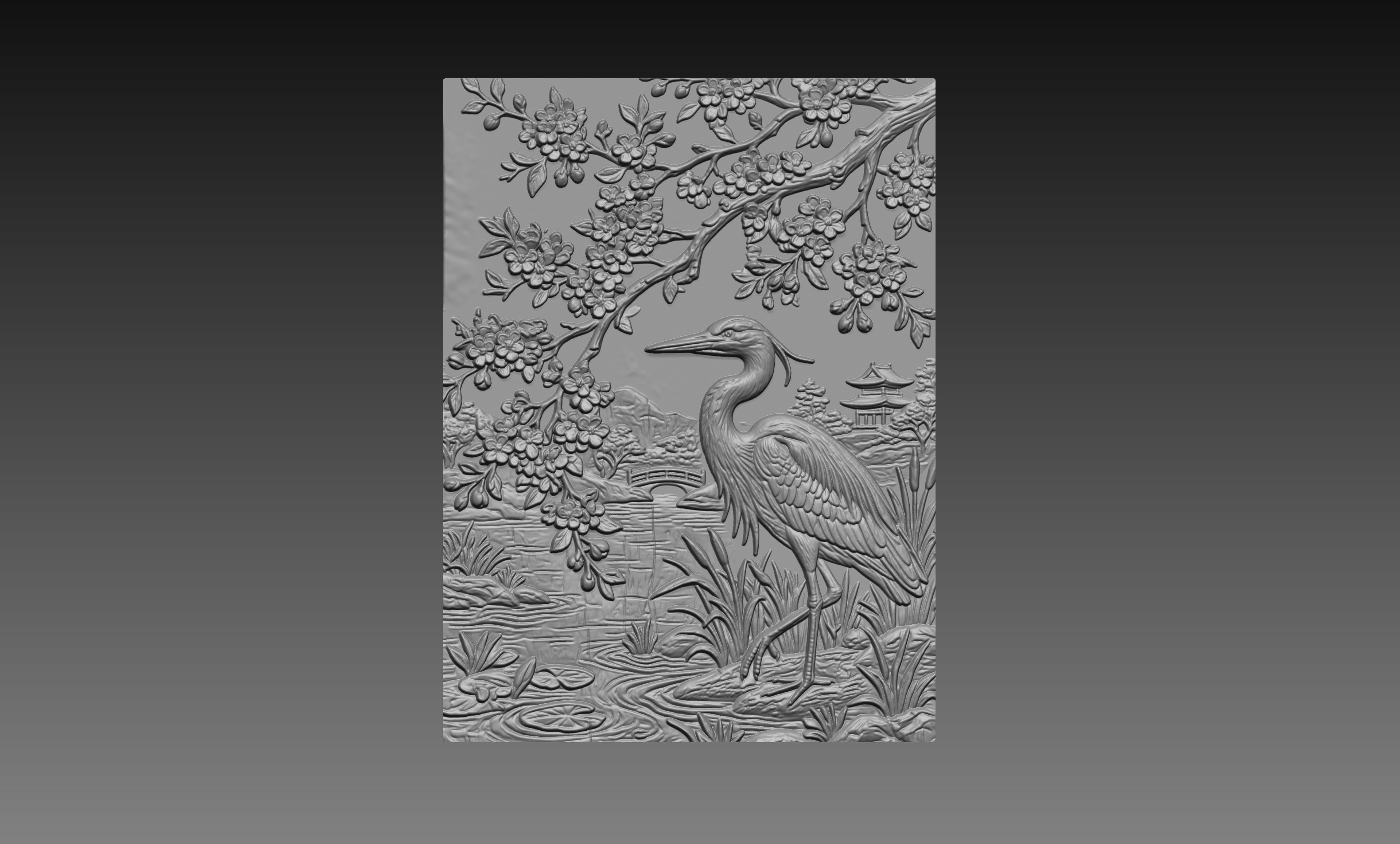 Japanese Crane Sakura 3D Relief STL File, Bird CNC Carving Digital Download