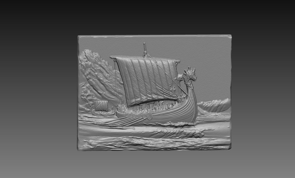 Viking Longboat 3D Relief STL File, Norse Ship CNC Carving Model, Ocean Waves Wall Art Panel, Nordic Decor, Router Engraving 3D Print