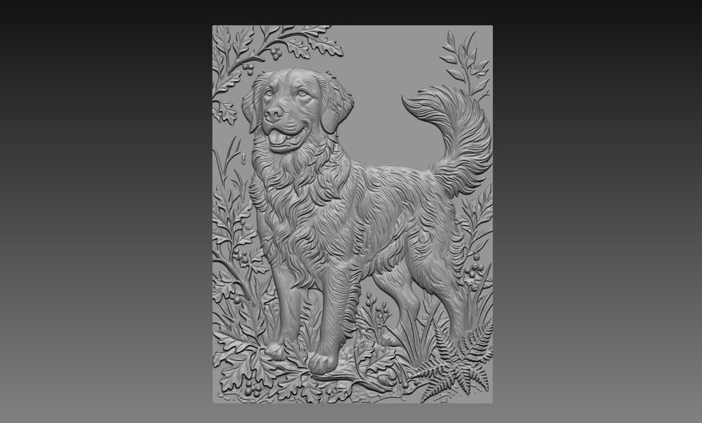 Golden Retriever Forest 3D Relief STL File, Dog CNC Carving Digital Download