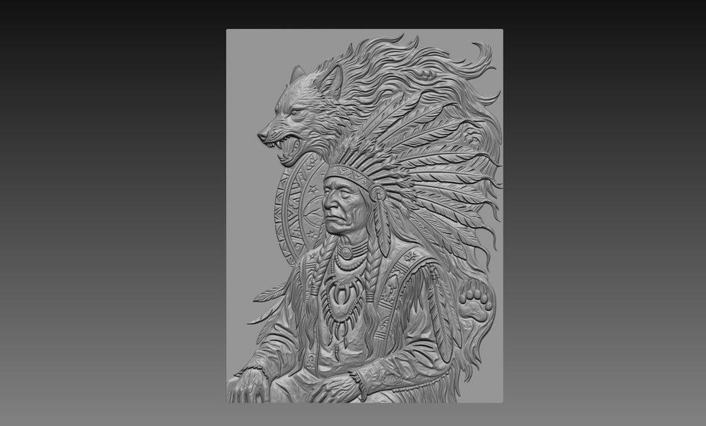 Native American Chief Wolf Spirit 3D Relief STL File, Wildlife CNC Carving Digital Download
