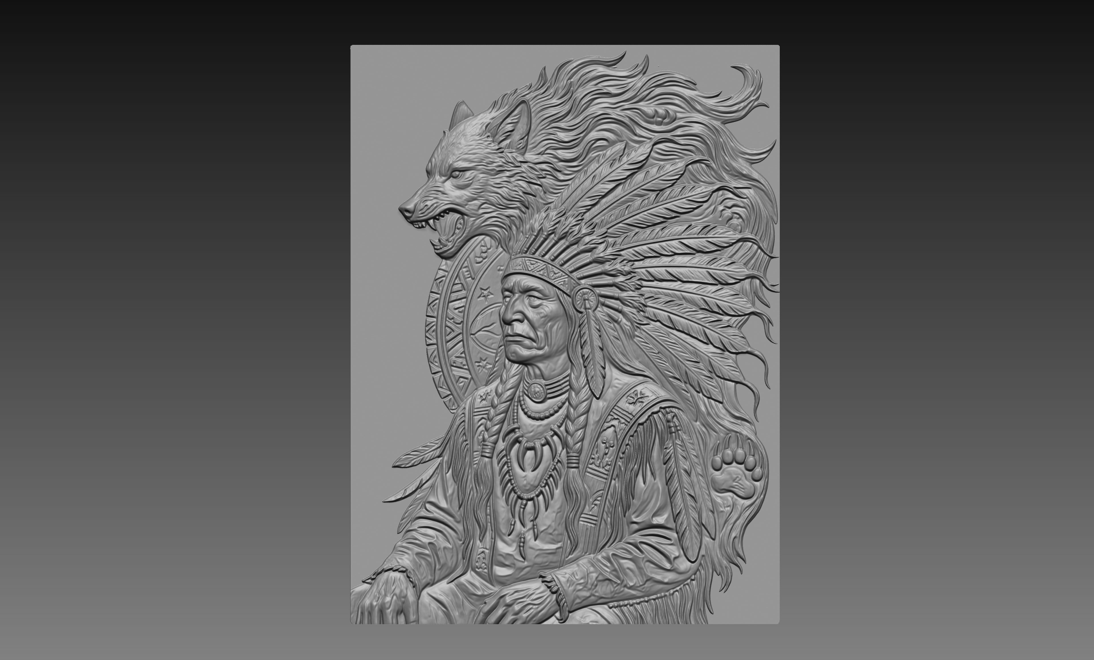 Native American Chief Wolf Spirit 3D Relief STL File, Wildlife CNC Carving Digital Download