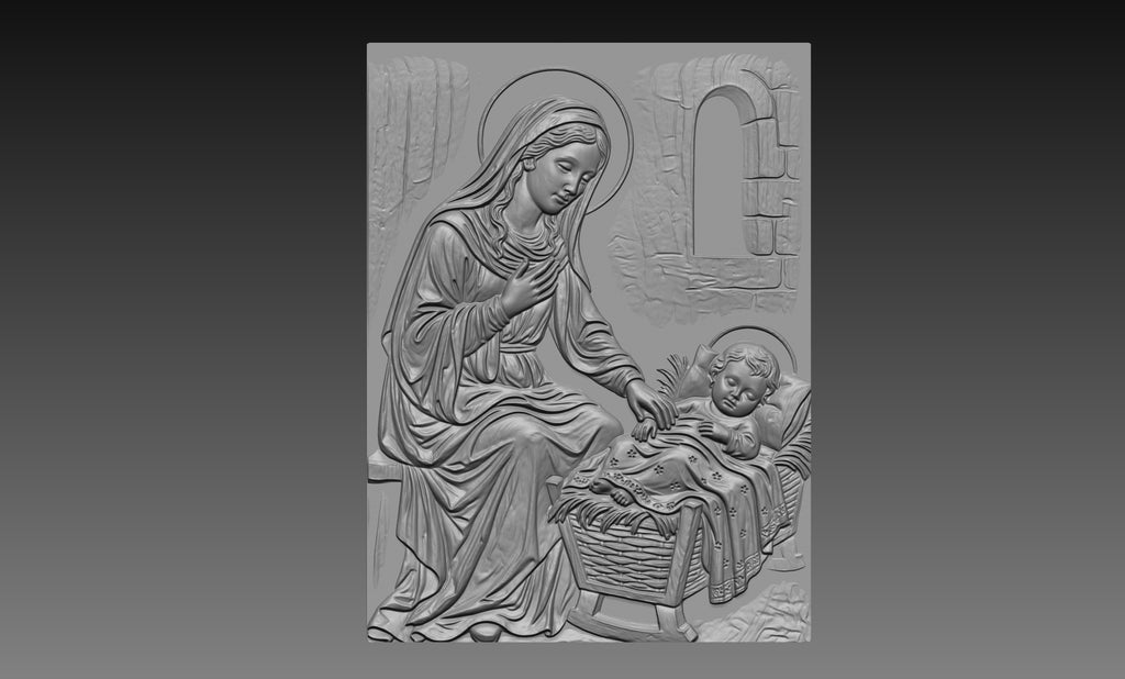Mother Mary Watching Baby Jesus 3D Relief STL File, Christian CNC Carving Digital Download
