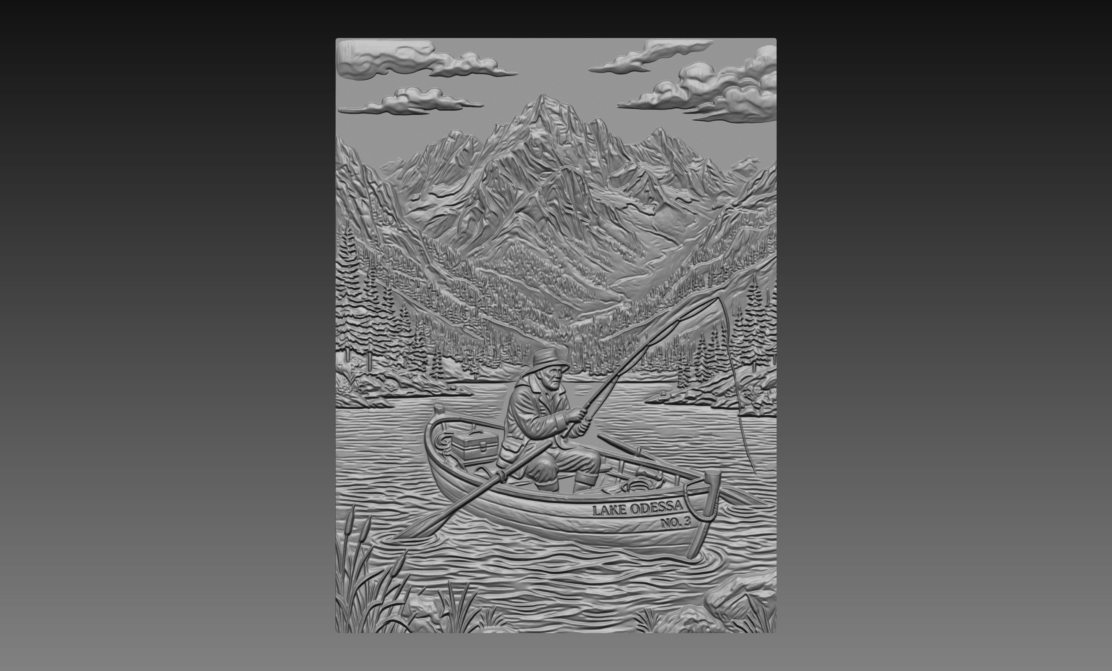 Fisherman Row Boat Lake 3D Relief STL File, Mountain CNC Carving Digital Download