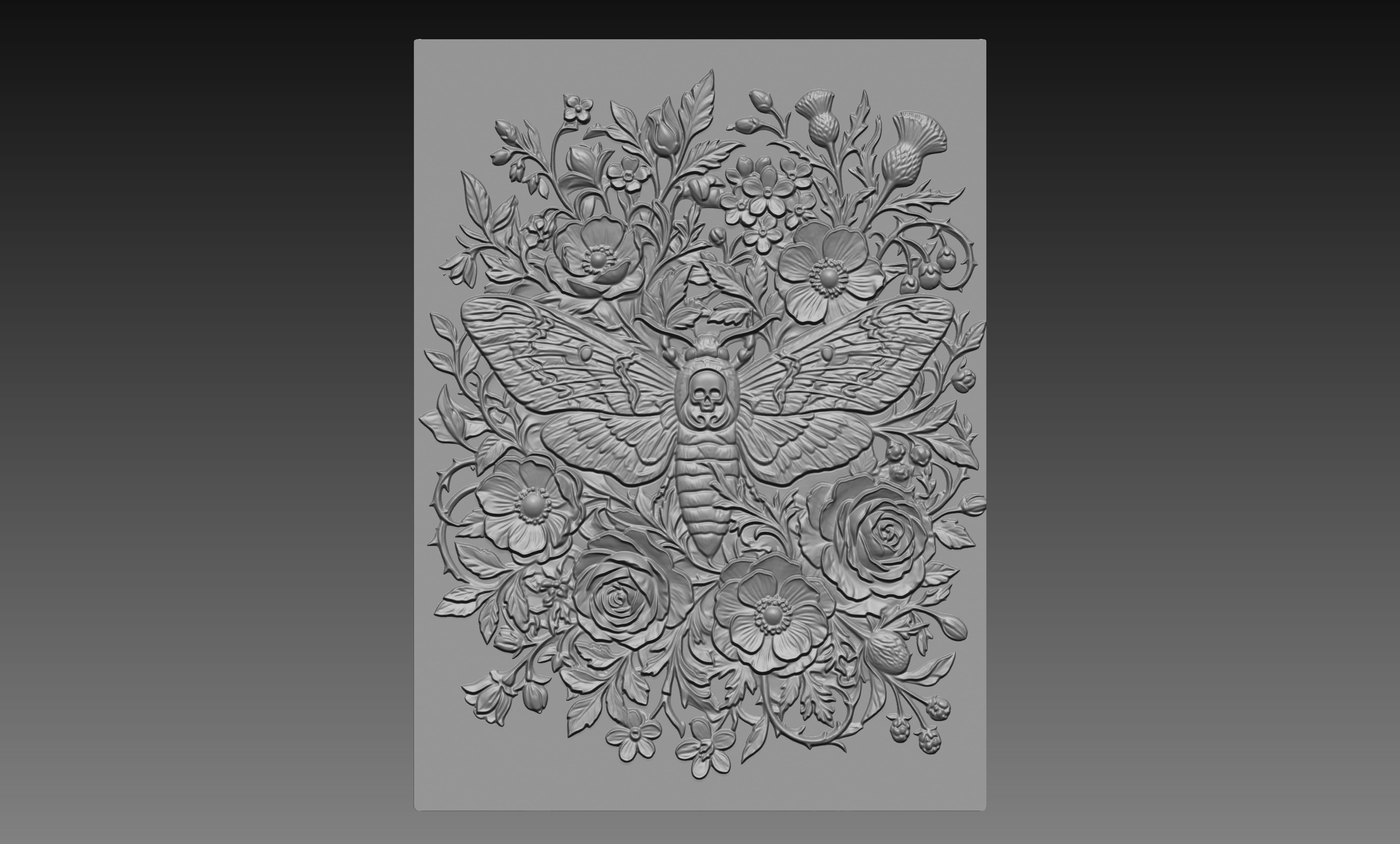 Death Moth Flowers 3D Relief STL File, Gothic CNC Carving Digital Download