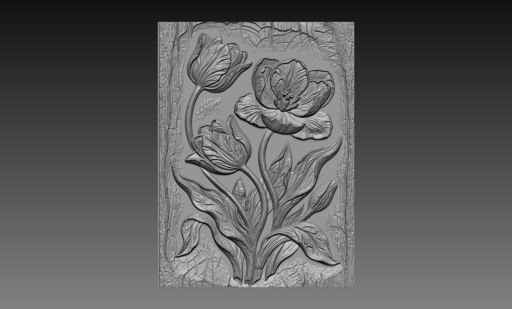 Tulip Flowers 3D Relief STL File, Floral CNC Carving Model, Botanical Wall Art Panel, Spring Decor, Router Engraving 3D Print