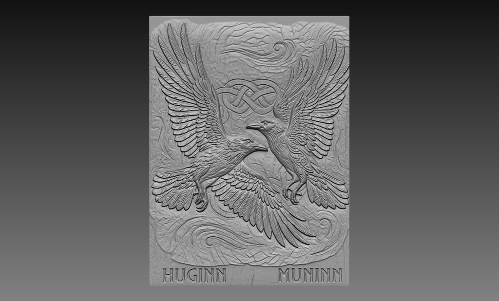 Huginn Muninn Ravens 3D Relief STL File, Norse Viking CNC Carving Digital Download