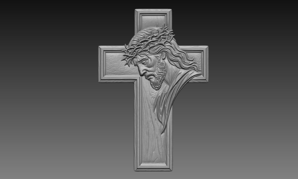 Jesus Christ Portrait Crown of Thorns Cross 3D Relief STL File, Religious Christian CNC Carving Digital Download