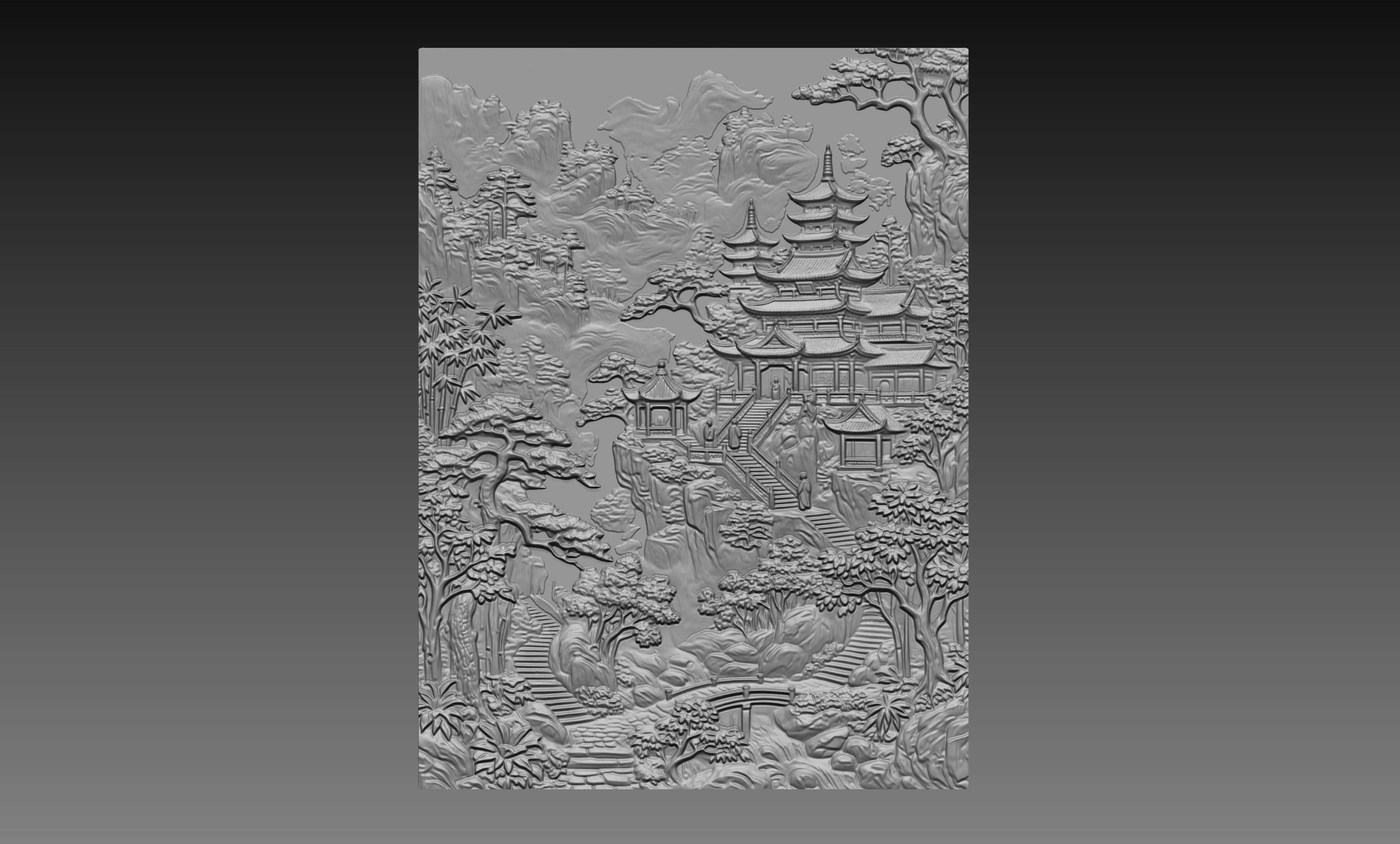 Japanese Temple Mountain Forest 3D Relief STL File, Asian CNC Carving Digital Download