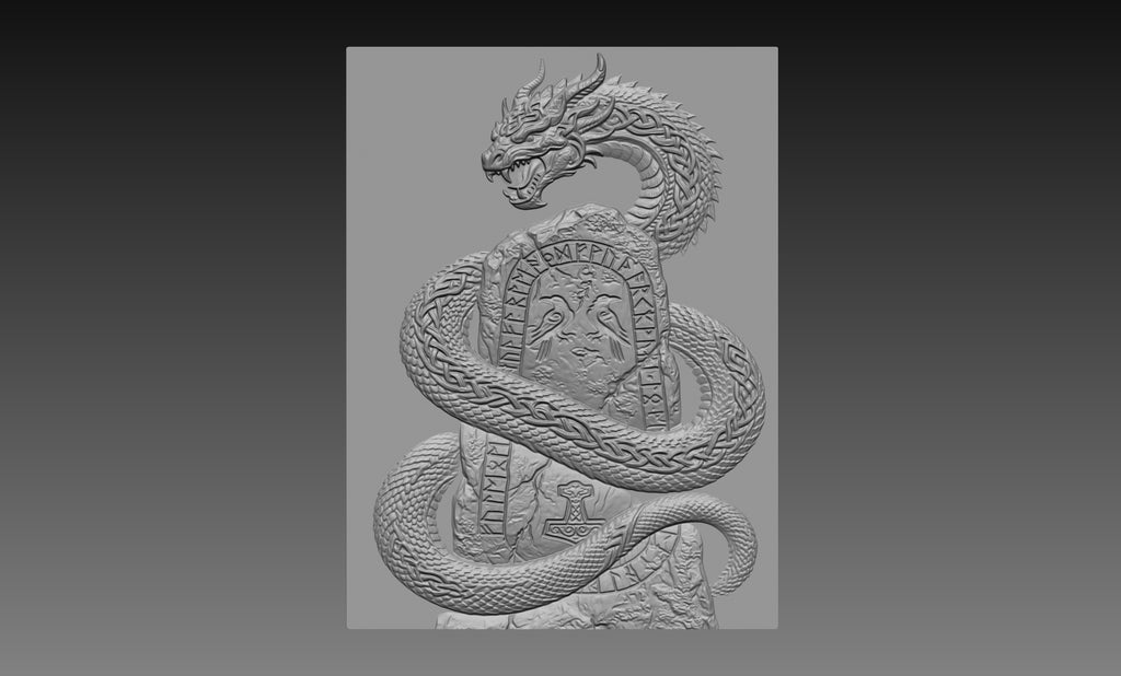 Norse Serpent Rune 3D Relief STL File, Viking Mythology CNC Carving Digital Download