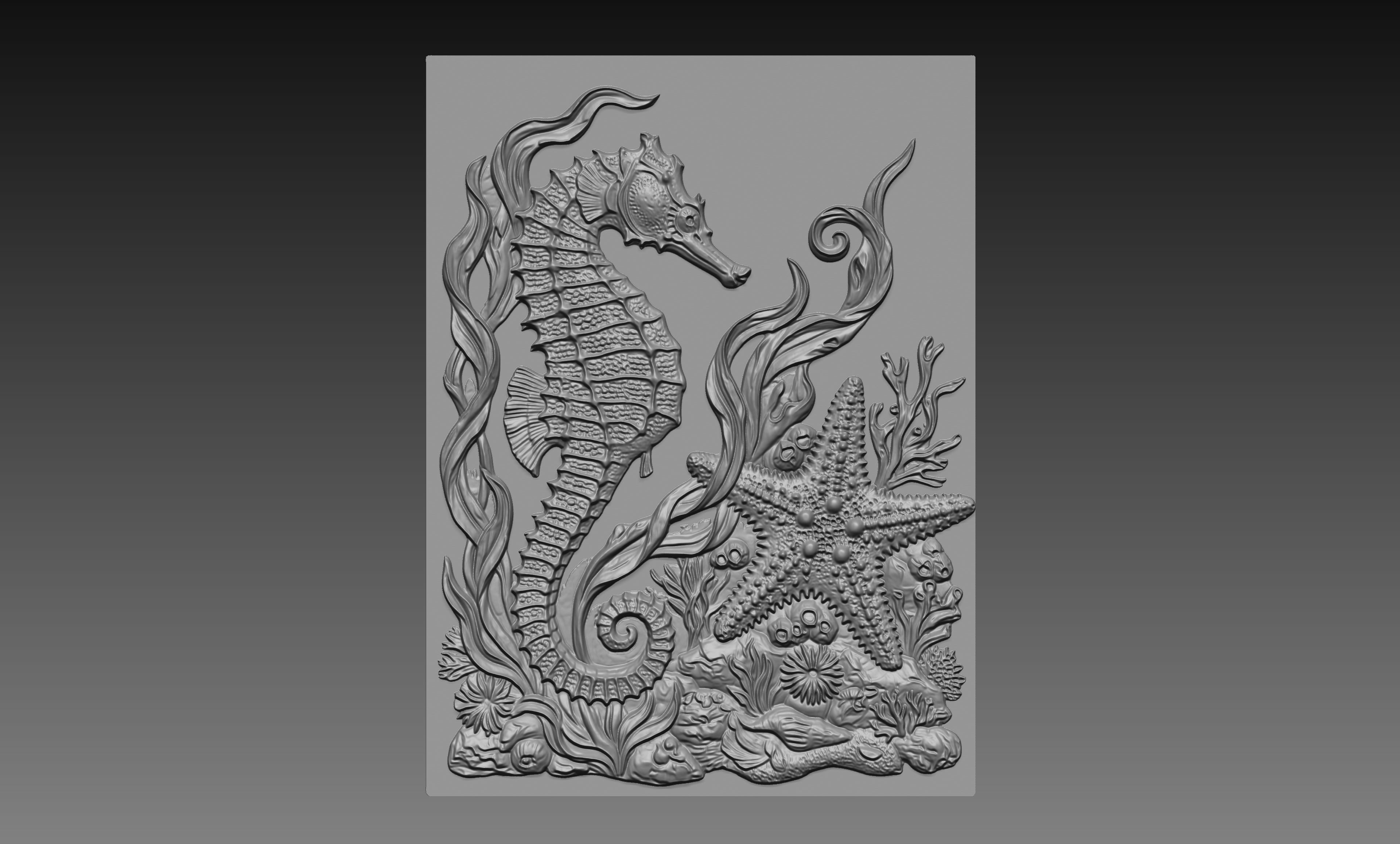 Seahorse Starfish Coral 3D Relief STL File, Nautical CNC Carving Digital Download