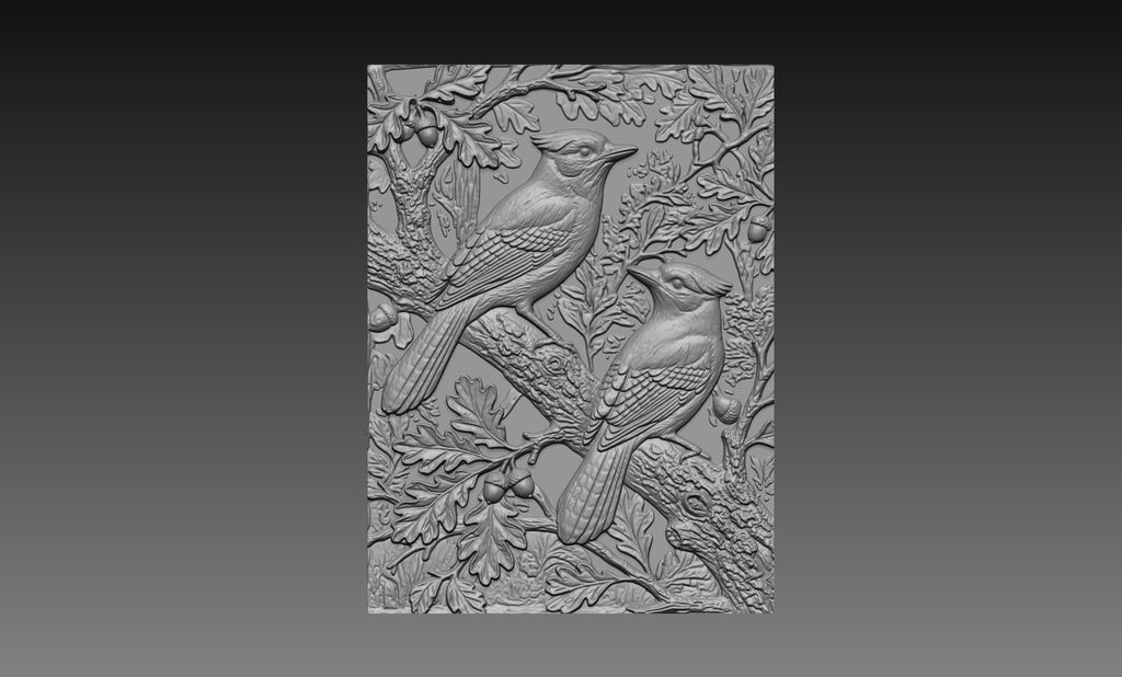 Two Blue Jay Birds 3D Relief STL File, Bluejay on Oak Branch CNC Carving Model, Bird Wall Art Panel, Nature Decor, Router Engraving 3D Print Digital Download