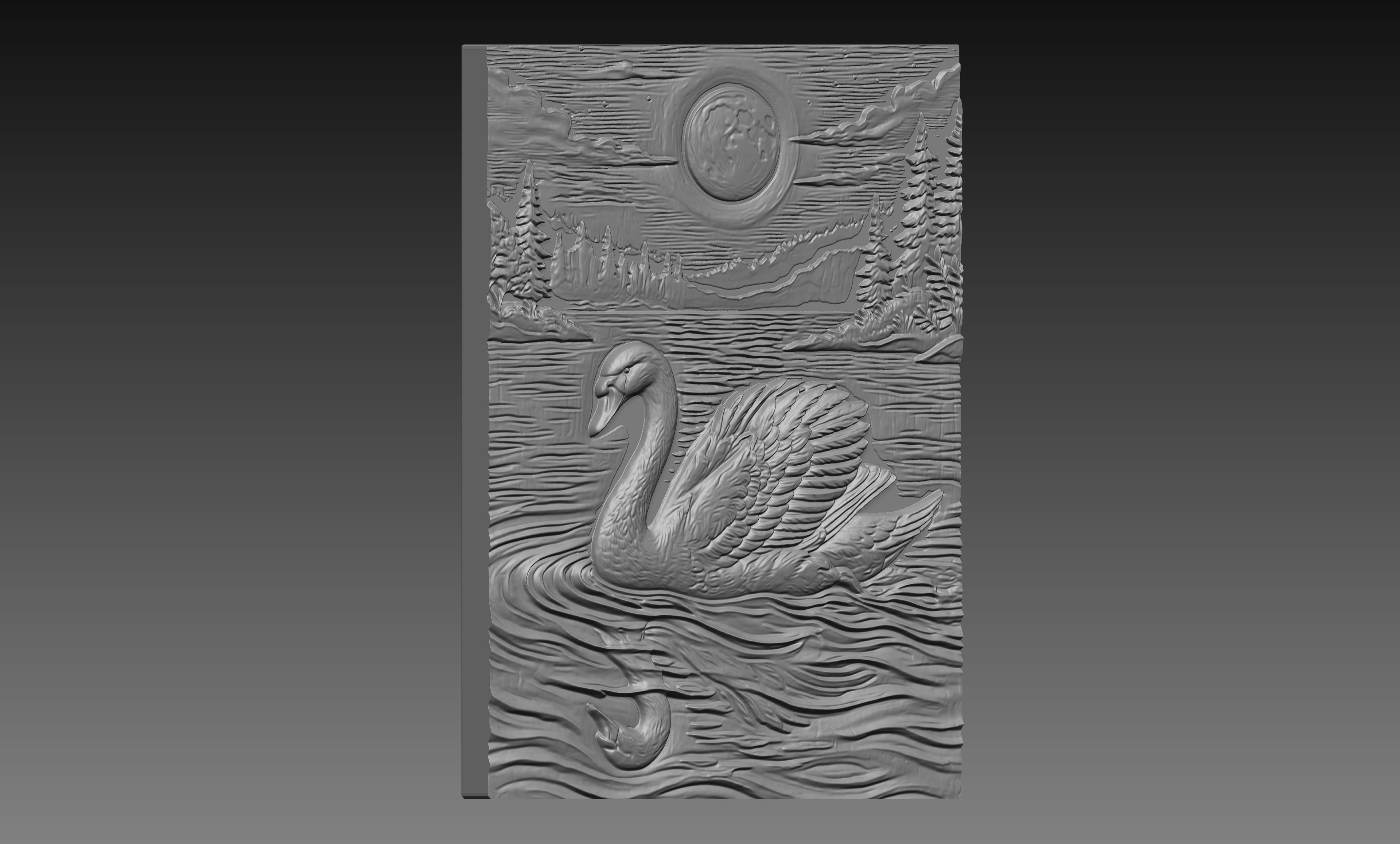 Swan Full Moon Lake 3D Relief STL File, Wildlife CNC Carving Digital Download