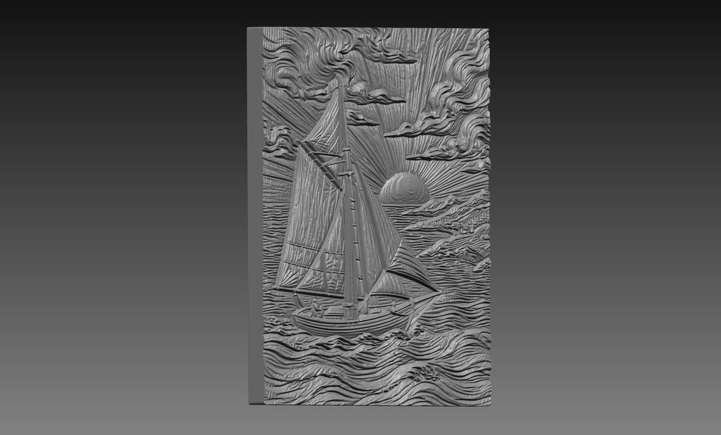 Sailboat Ocean Sunset 3D Relief STL File, Nautical CNC Carving Digital Download