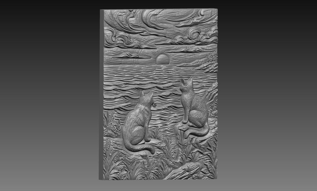 Two Cats Ocean Sunset 3D Relief STL File, Coastal CNC Carving Digital Download
