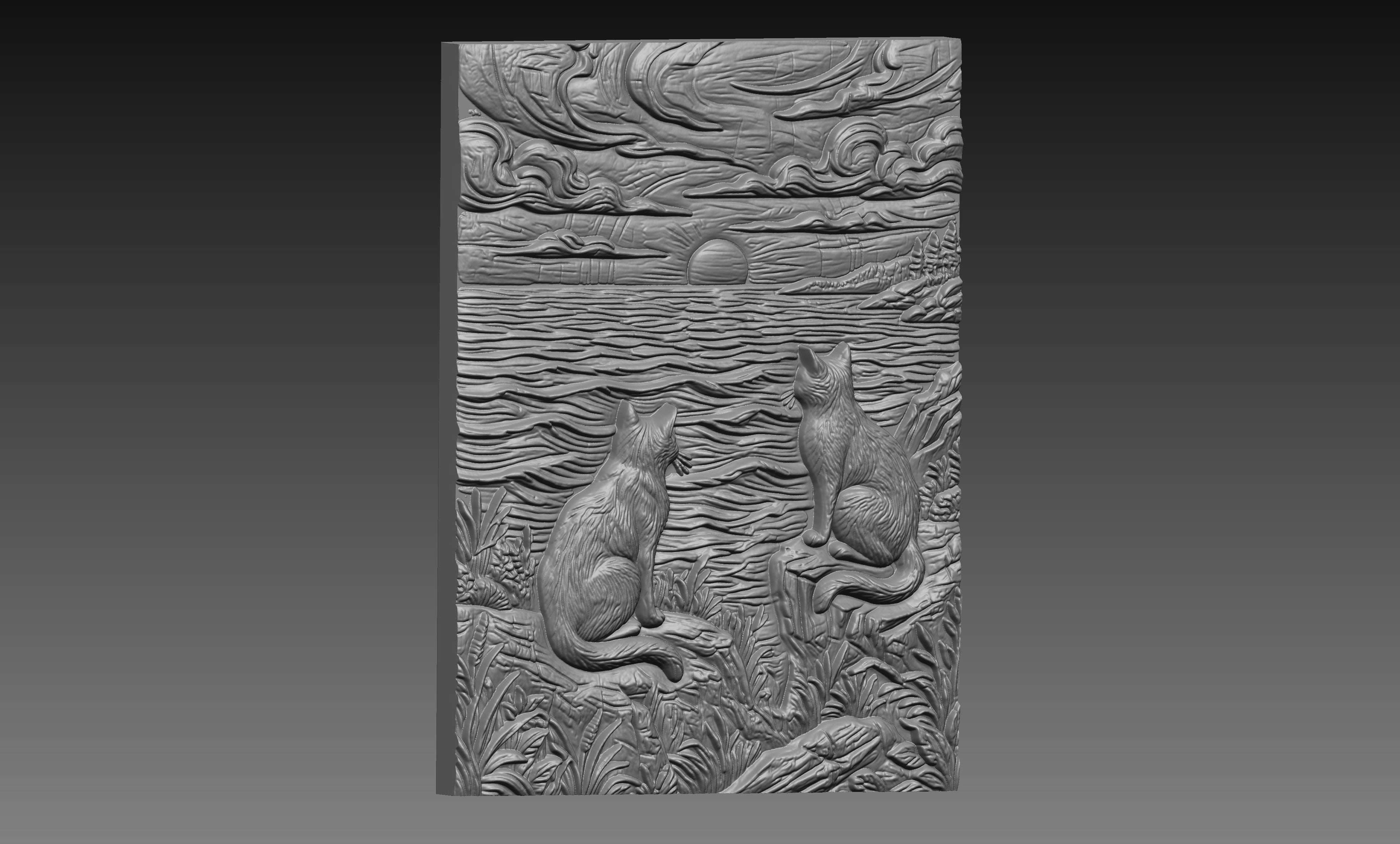 Two Cats Ocean Sunset 3D Relief STL File, Coastal CNC Carving Digital Download