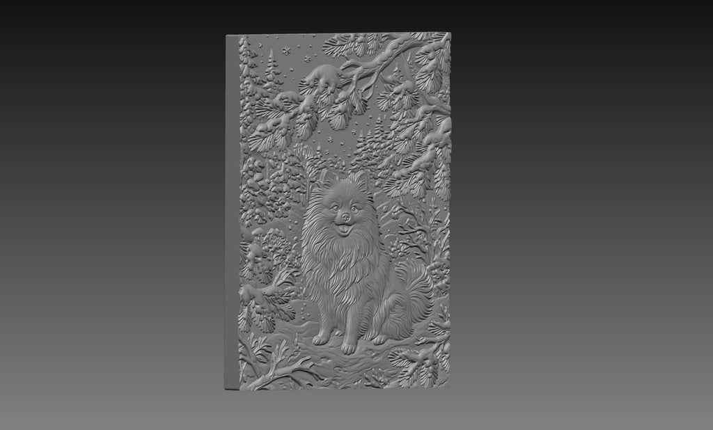 Pomeranian Winter Woodland 3D Relief STL File, Dog CNC Carving Digital Download
