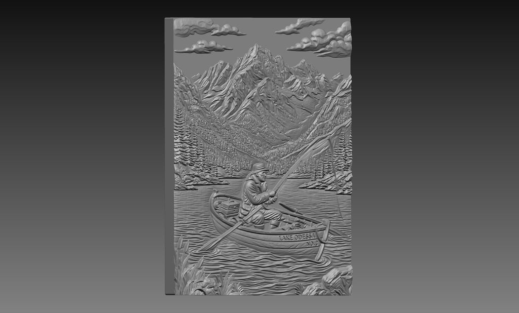 Fisherman Row Boat Lake 3D Relief STL File, Mountain CNC Carving Digital Download