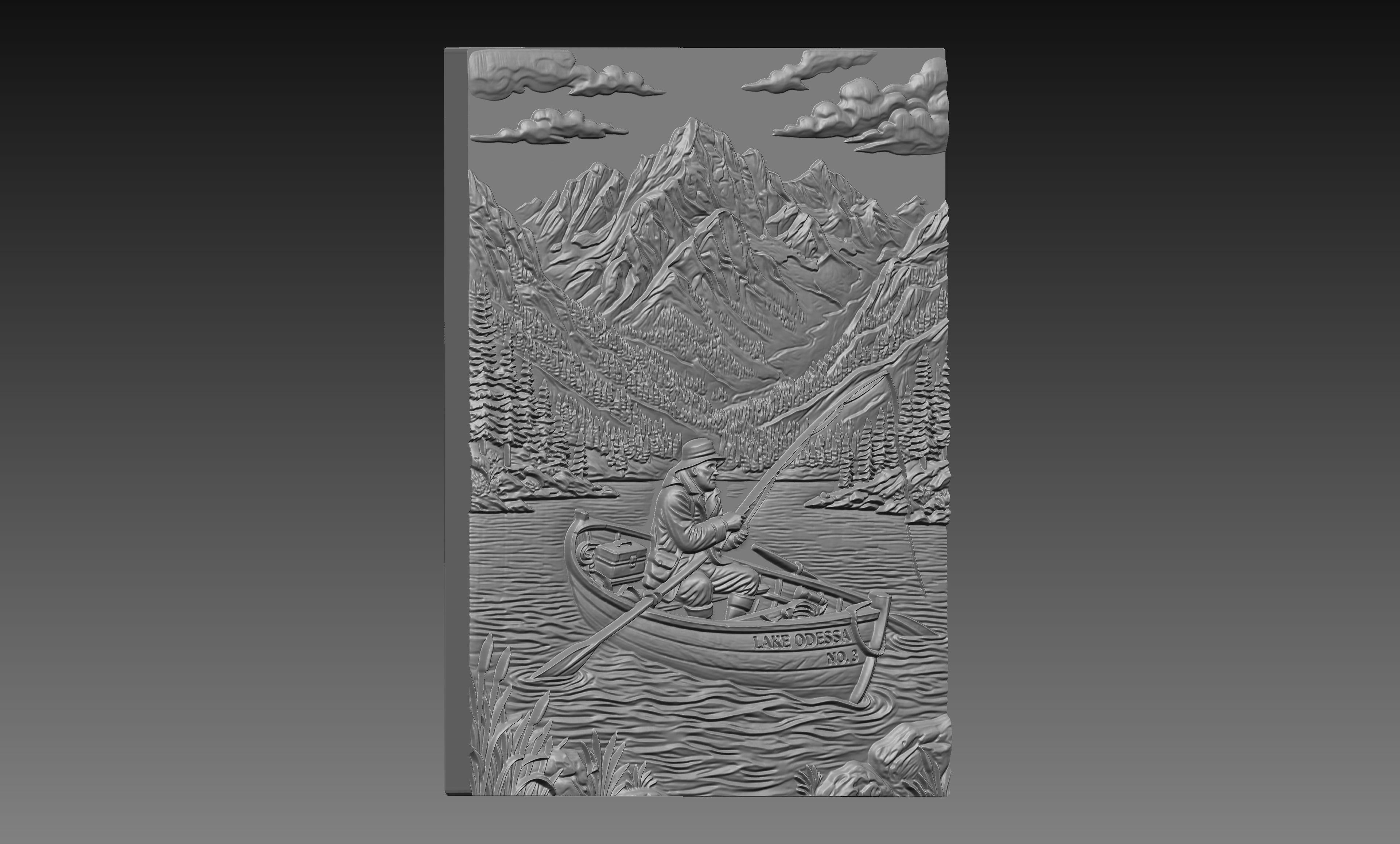 Fisherman Row Boat Lake 3D Relief STL File, Mountain CNC Carving Digital Download
