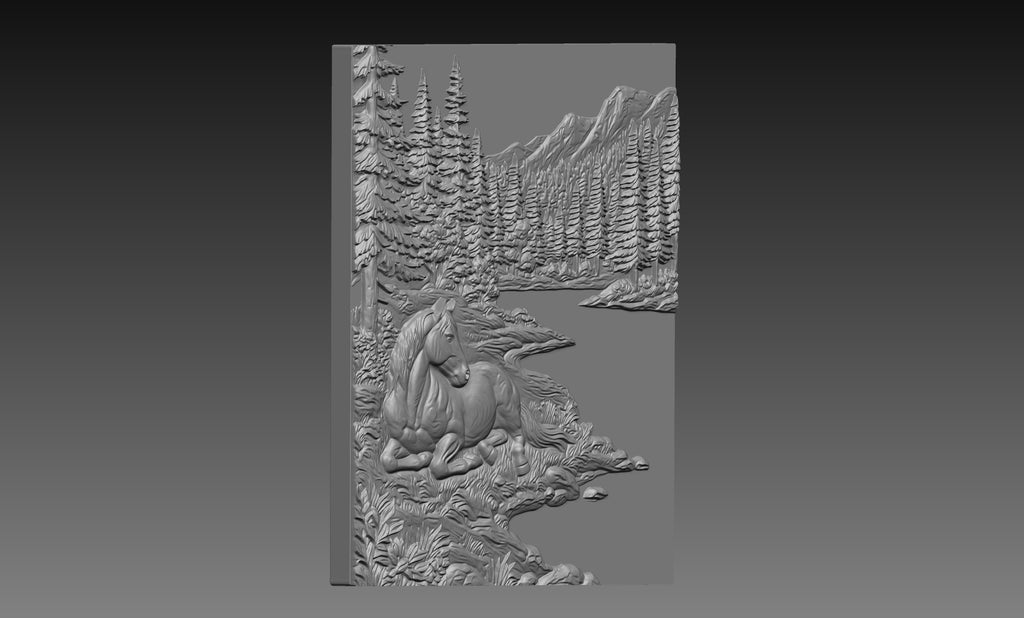 Wild Horse Woodland River 3D Relief STL File, Nature CNC Carving Digital Download