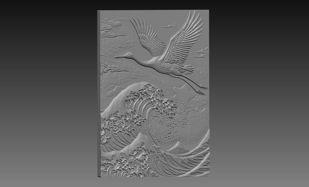 Japanese Great Wave Crane 3D Relief STL File, Asian CNC Carving Digital Download