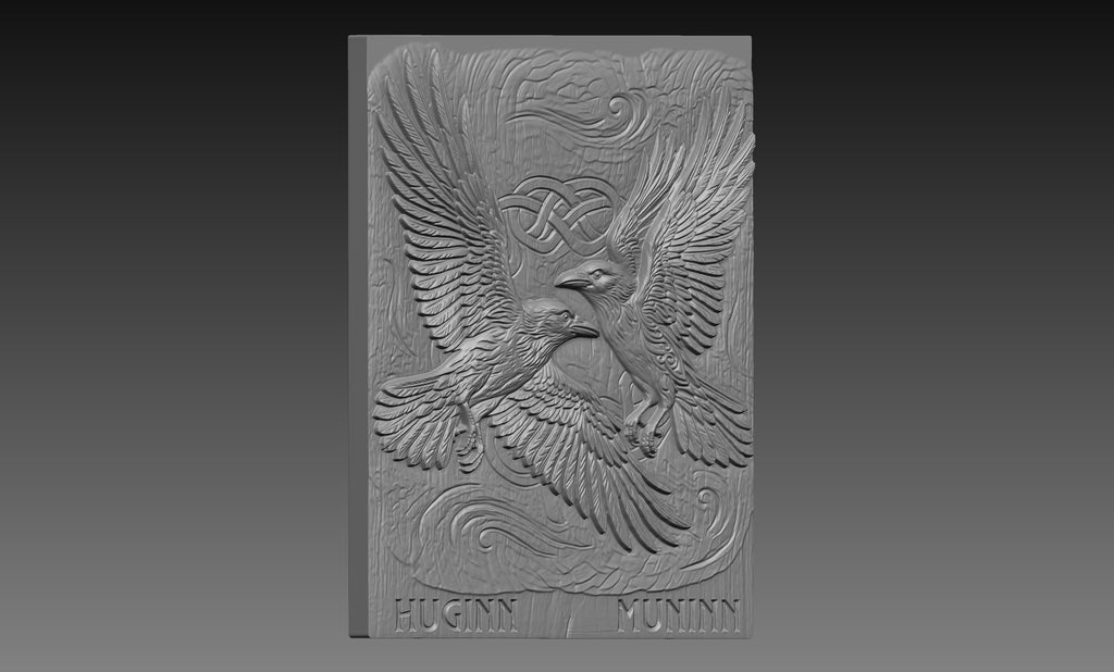 Huginn Muninn Ravens 3D Relief STL File, Norse Viking CNC Carving Digital Download