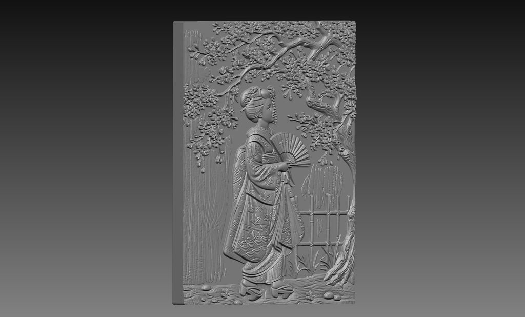 Japanese Geisha Cherry Blossom 3D Relief STL File, Asian CNC Carving Digital Download