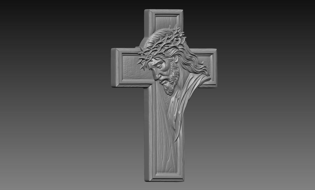 Jesus Christ Portrait Crown of Thorns Cross 3D Relief STL File, Religious Christian CNC Carving Digital Download