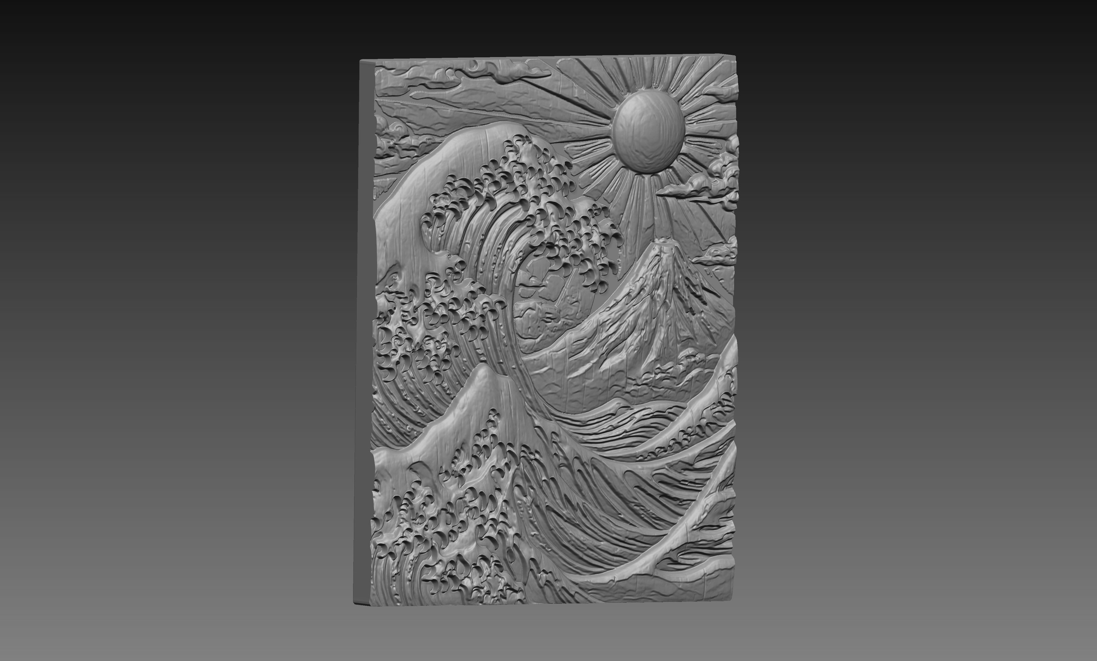 Japanese Great Wave Mount Fuji 3D Relief STL File, Asian Rising Sun CNC Carving Digital Download